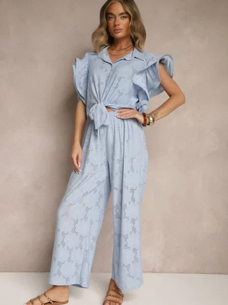 Komplet Ażurowy Bluzka o Koszulowym Kroju i Spodnie z Szeroką Nogawką Linaniria niebieski