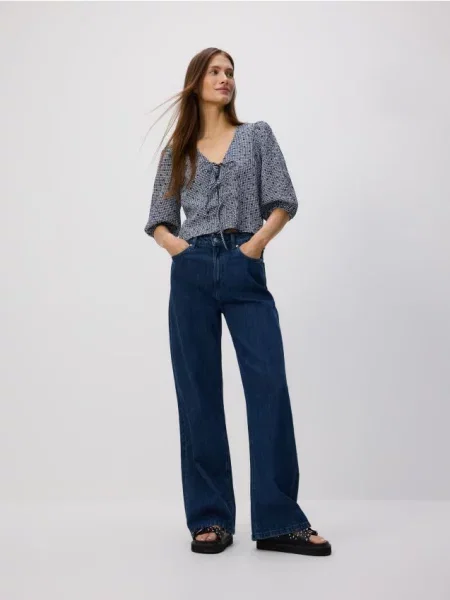 Reserved Джинси широкого крою з домішкою льону темно-синій сині