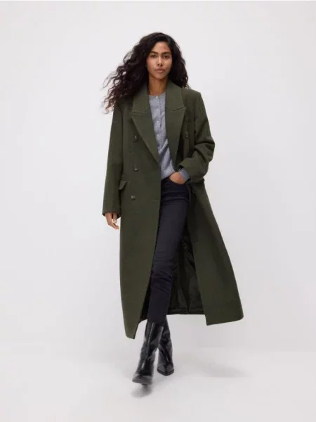Reserved Двобортне пальто з високим вмістом вовни зелений