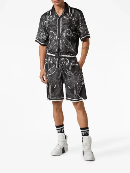 Šilkinės raštuotos šortai Philipp Plein su paisley raštu juoda