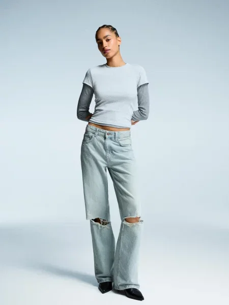 Bershka Jeansy Wide Leg Z Dziurami Kobieta 36 niebieski