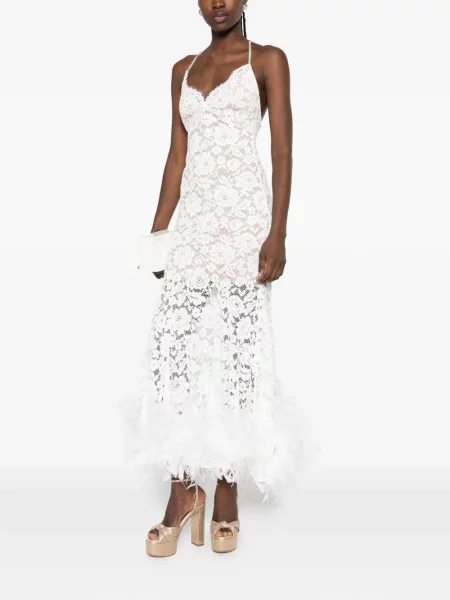 Rochie midi Self-portrait cu pene din dantelă alb
