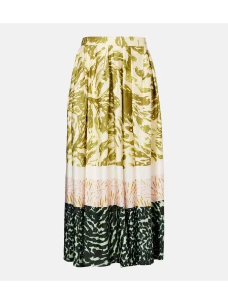 Fustă midi Dries Van Noten din satin cu imagine până la genunchi verde