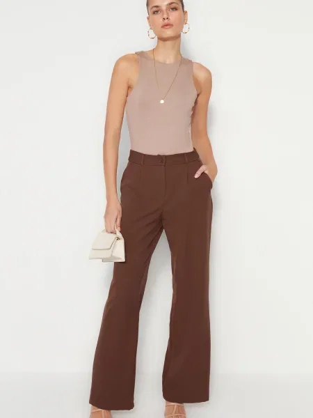 Pantaloni Trendyol cu talie înaltă țesuți maro