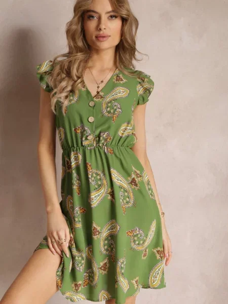Rozkloszowana Sukienka Mini we Wzór Paisley Rachelli zielona