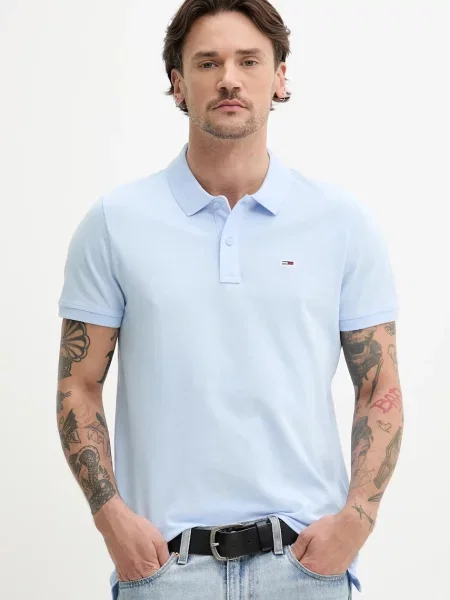 Тениска с яка Tommy Jeans синьо с изчистен дизайн светлосиньо