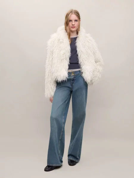 Płaszcz oversize ze sztucznego futerka kość słoniowa Teen XS MANGO TEEN