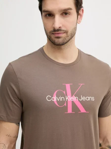 Тениска Calvin Klein Jeans с принт бежово