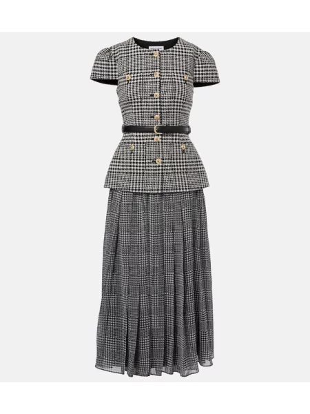 Sukienka midi Self-portrait w pepitkę plisowana do kolan szara