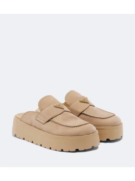 Papuci tip mules Prada din piele de căprioară bej