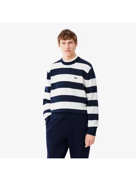 Lacoste Sweter Marynarski W Paski Z Okrągłym Dekoltem granatowy
