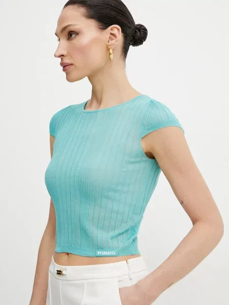 PINKO Swetry Kobieta L Turkusowy Sweter z Dekoltem w Serek Lekki Prążkowany Dzianina niebieski