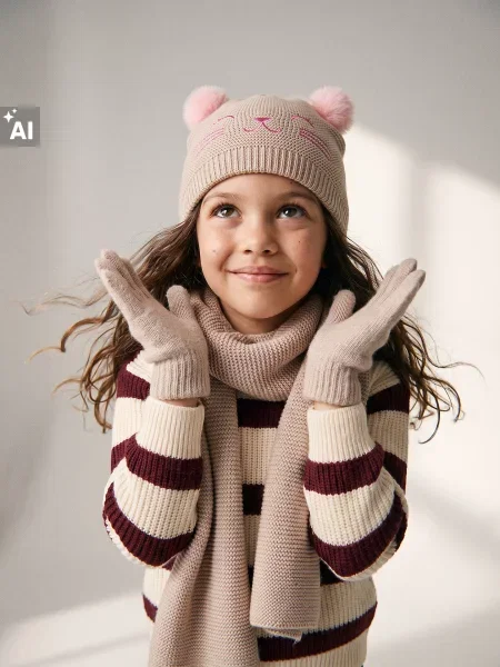 Sinsay Souprava s motivem kočky: čepice beanie šála a rukavice 3 pack béžová