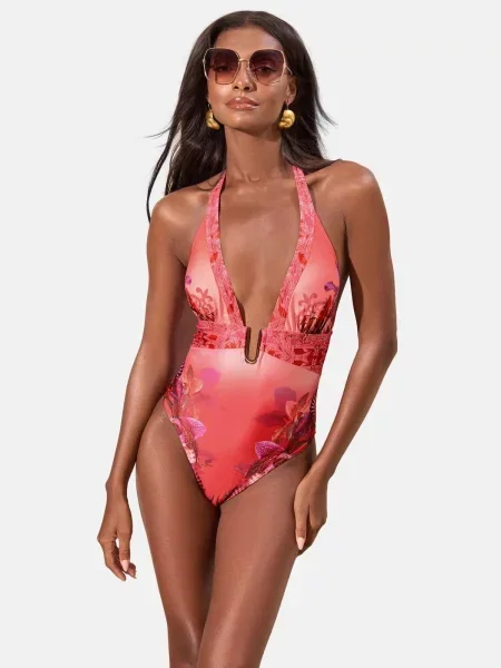 Lipsy Costum de baie întreg Florrie portocaliu / zmeură / neon roz