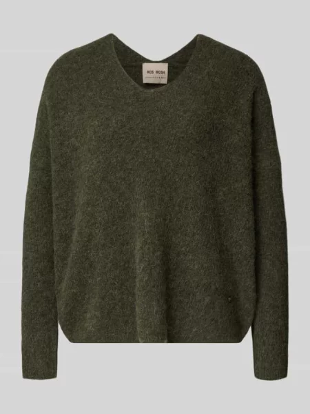 Dzianinowy sweter Mos Mosh z dekoltem w serek oliwkowy