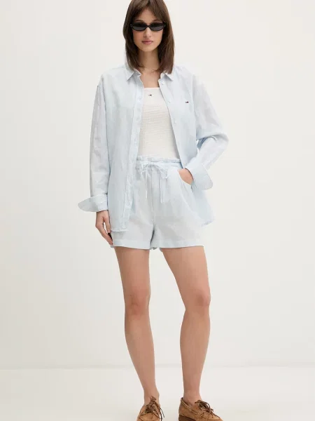 Tommy Jeans šortky dámske s ľanom modrá