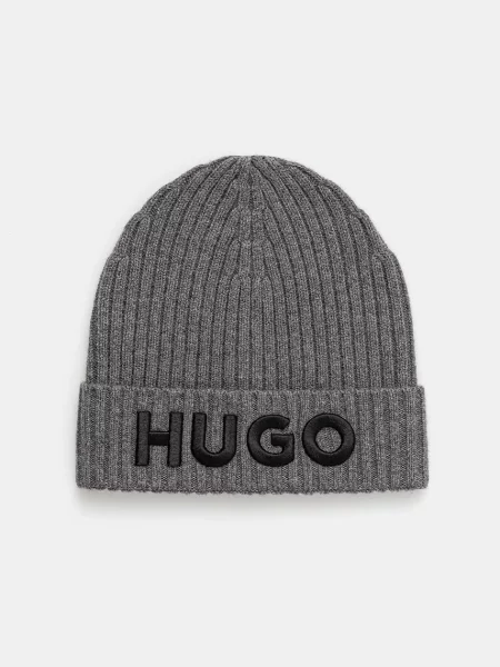 Вълнена шапка HUGO с фина плетка от вълна черно