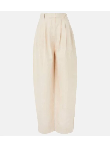 Lniane spodnie Posse w paski beżowe