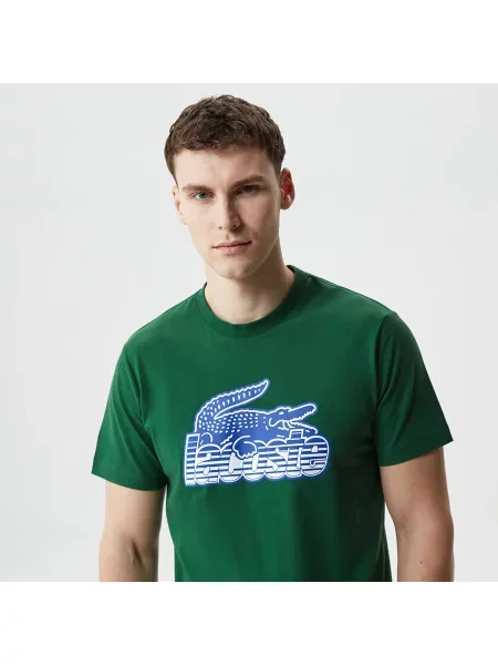 Lacoste T-Shirt Z Okrągłym Dekoltem Z Nadrukiem Regular Fit zielony