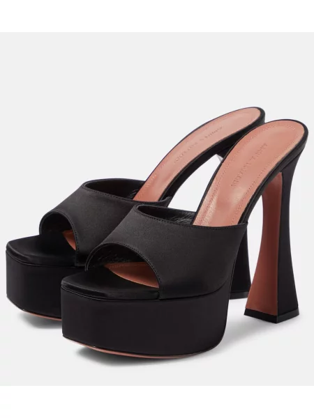 Papuci tip mules Amina Muaddi din satin cu platformă negru