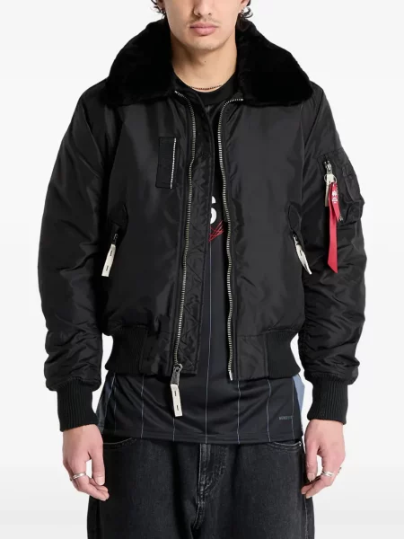 Gulerat geacă bomber Alpha Industries din piele de oaie negru