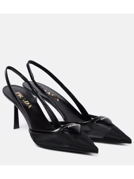 Usnjene salonarji Prada z odprtimi petami z avtogramom črna