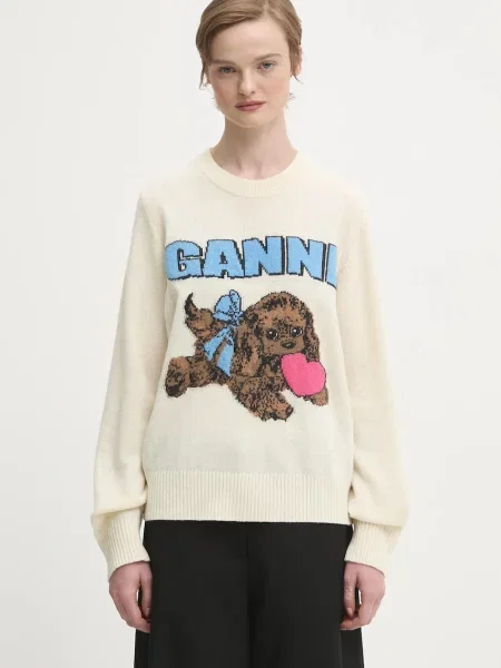 GANNI pulover din amestec de lână Graphic Wool Mix Fluffy Puppy Love bej