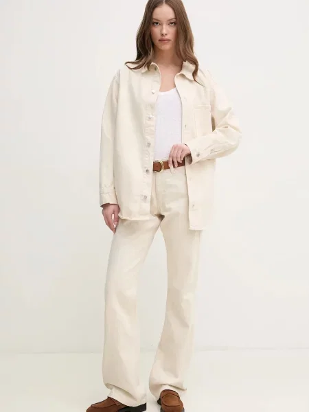 Calvin Klein jeansy z domieszką lnu high waist beżowe