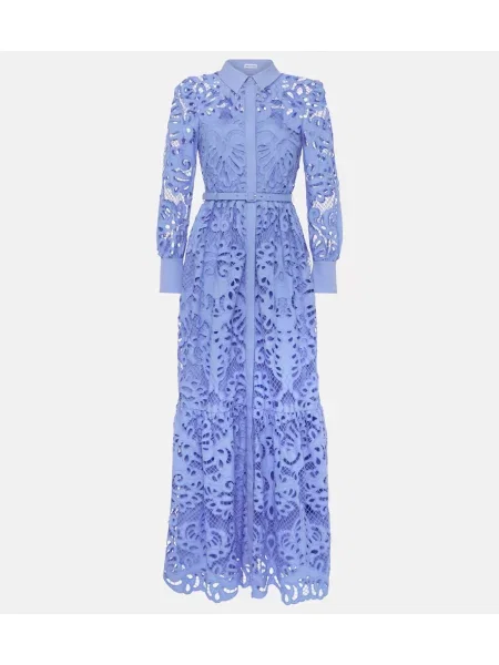 Maksi sukienka maxi Self-portrait koronkowa garniturowa niebieska