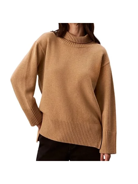 Sweter z golfem Calvin Klein wełniany brązowy