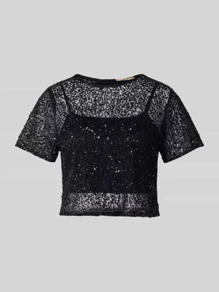 T-shirt krótki z siateczki z cekinami Lace & Beads czarna
