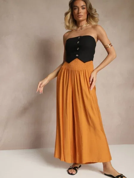 Spodnie z Wiskozą o Szerokim Kroju High Waist Orrana pomarańczowe