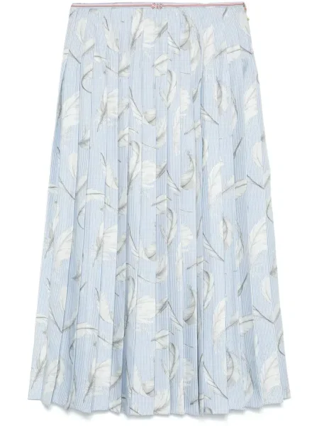 Fustă midi Thom Browne de mătase cu pene până la genunchi albastru