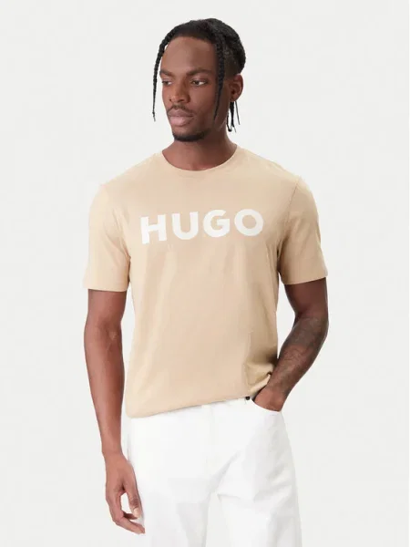 Тениска HUGO черно с принт бежово