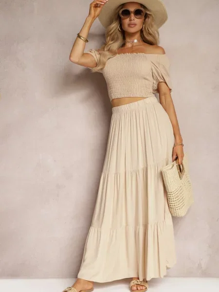 Spódnica High Waist z Gumką w Talii i Falbanką Christiara beżowa