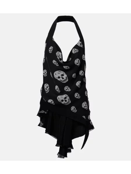 Top Mcqueen din șifon asimetric cu gât halter negru
