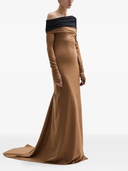 Rochie maxi Atu Body Couture drapată lungă de costum maro