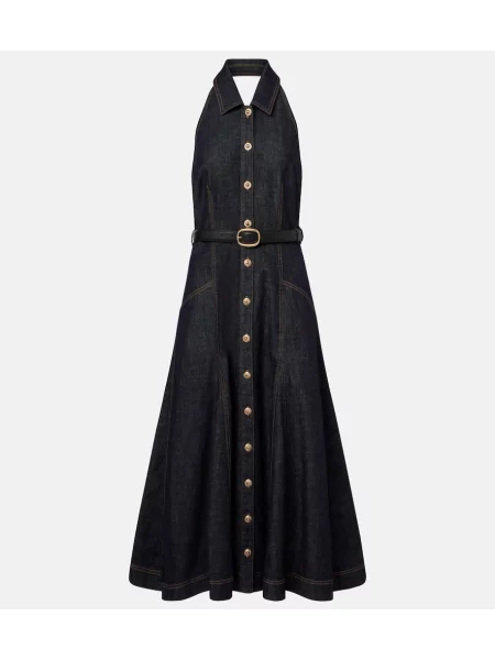 Rochie din denim Self-portrait cu gât halter albastru