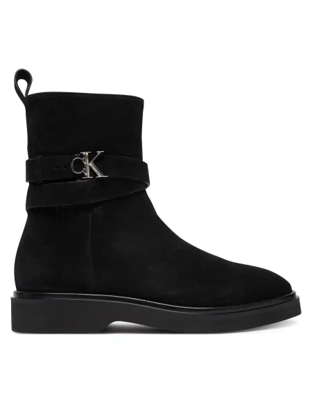 Велурени боти Calvin Klein ANKLE BOOT W/ METAL LOGO SUE с равна подметка черно