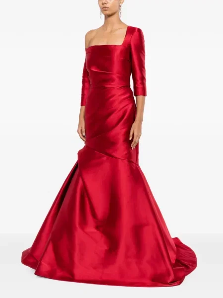 Rochie Monique Lhuillier cu volane asimetrică roșu
