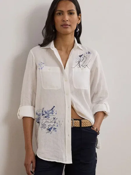 Lauren Ralph Lauren koszula lniana relaxed z kołnierzykiem klasycznym biały