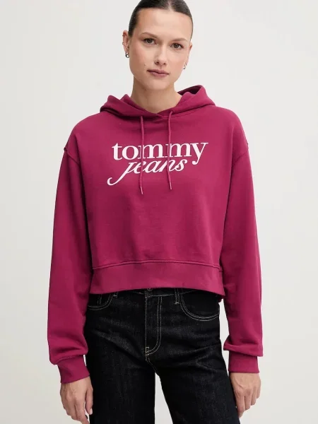 Суичър с качулка Tommy Jeans с качулка с принт розово
