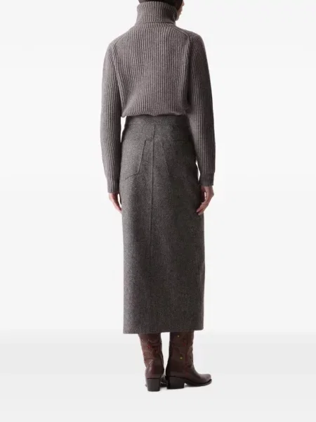 Fustă midi Fortela de lână cu model herringbone gri