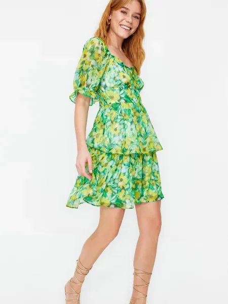 Rochie mini Trendyol din șifon cu model floral cu volane verde
