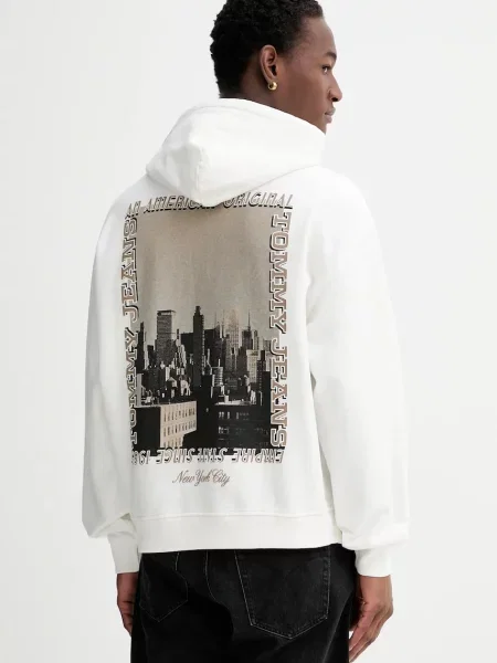 Tommy Jeans hanorac de bej cu glugă cu imprimeu negru