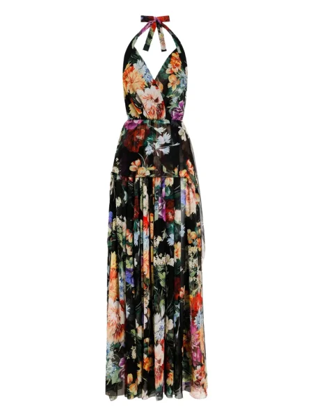 Rochie maxi Dolce & Gabbana cu model floral cu imagine de costum negru