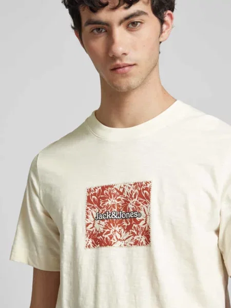 T-shirt z nadrukiem z logo model ‘SPLIT’ Jack & Jones beżowa