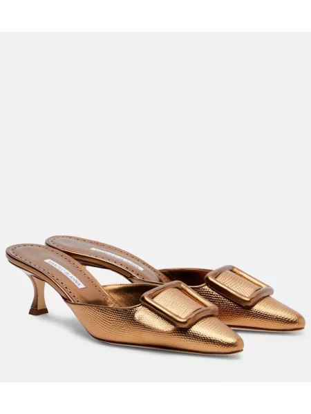 Papuci tip mules Manolo Blahnik din piele auriu