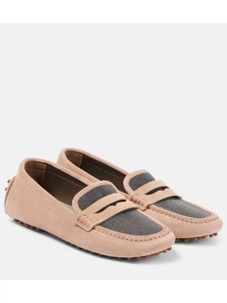 Pantofi loafer Brunello Cucinelli din piele de căprioară roz