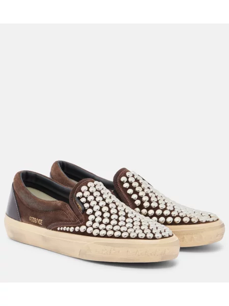 Chiloți Golden Goose din piele de căprioară slip-on cu tepi maro